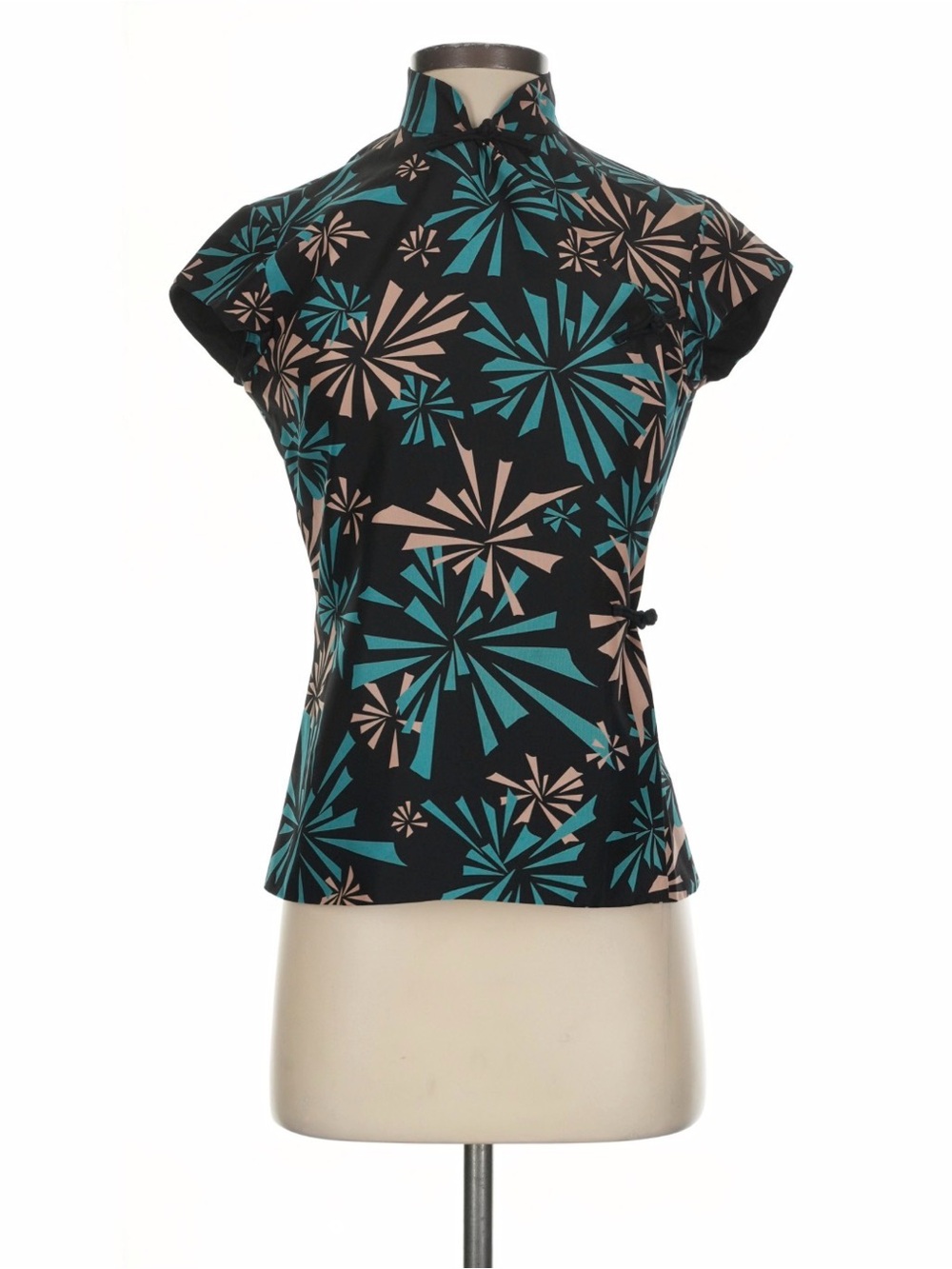Marc Jacobs Black Mandarin-Collar Cap-Sleeve Top with Teal and Beige Burst Print